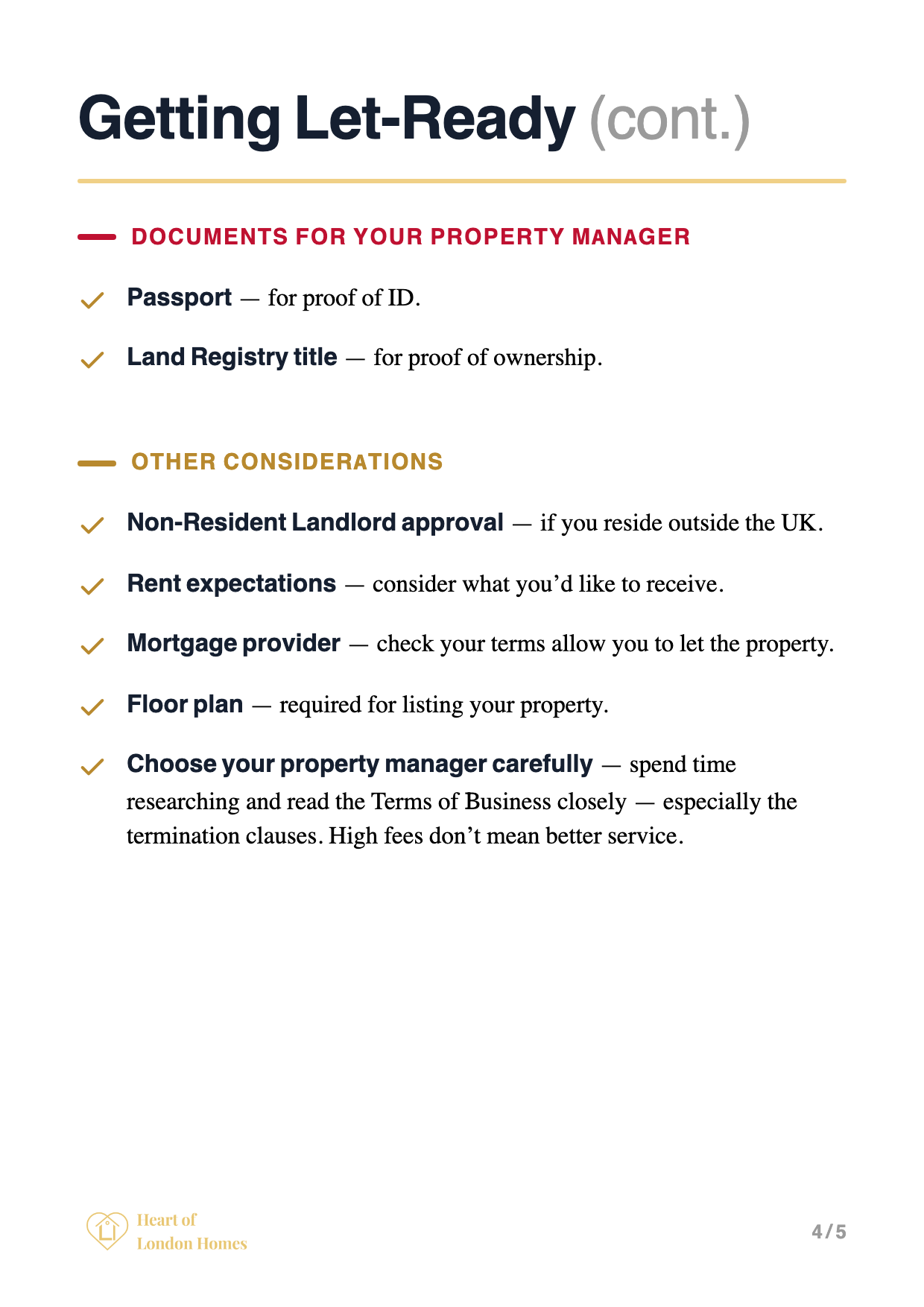 Documents for your property manager: passport and Land Registry title, plus mortgage consent to let, a floor plan and rent expectations.