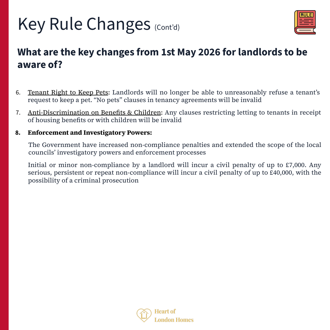 Key rule changes: no-pets clauses invalid, benefits discrimination outlawed, fines up to £40,000