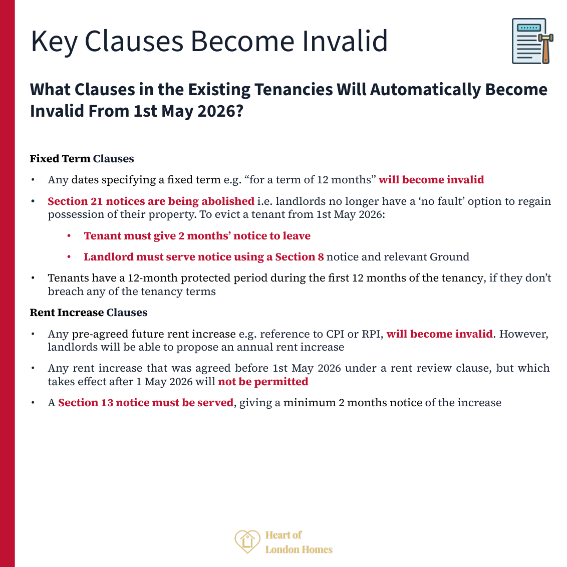 Invalid clauses from 1 May 2026: fixed-term, Section 21, and no-pets clauses all become unenforceable