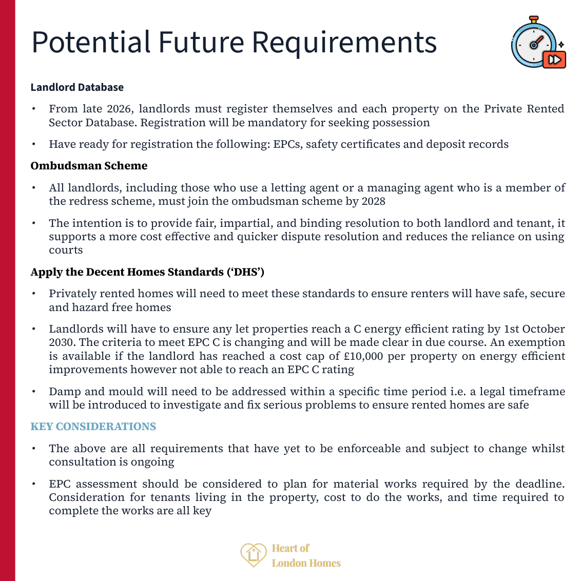 Future requirements: Landlord Database registration mandatory from late 2026, ombudsman scheme by 2028